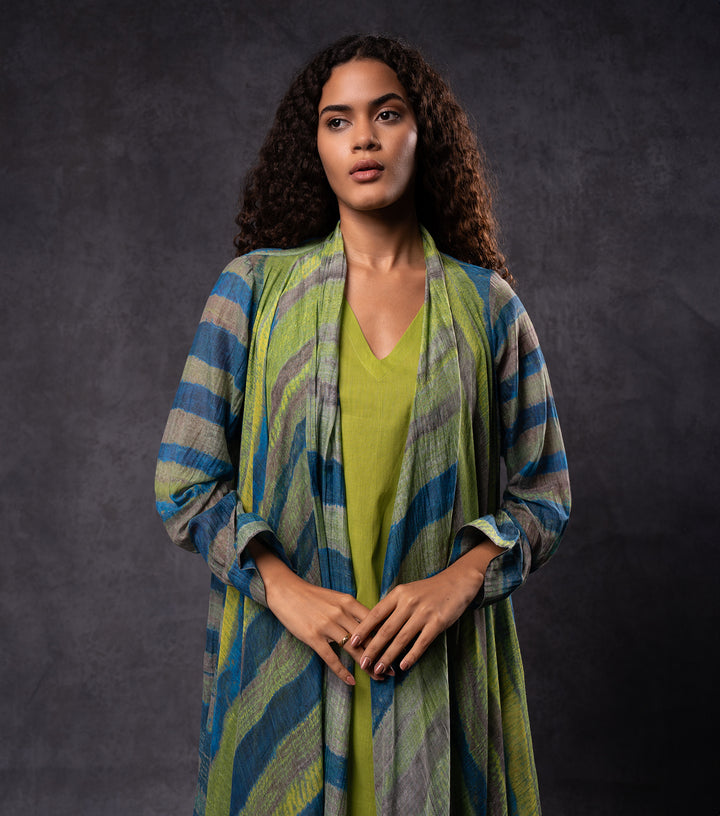 Teal and Green Printed Cotton Silk Cape Set
