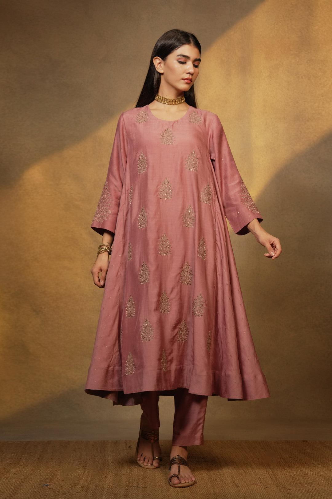 Onion Pink Hand Embroidered Cotton Silk Kurta with Pants and Dupatta