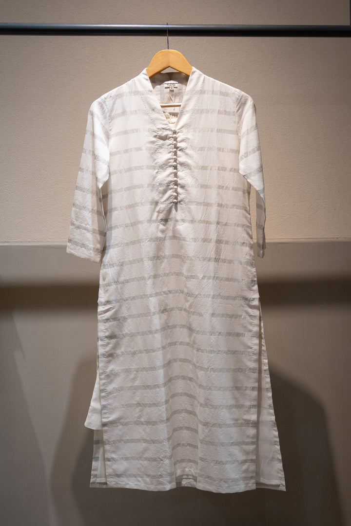 Zari Striped White Woven Kurta