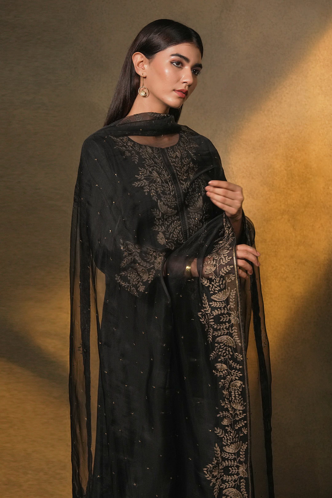 Black Hand Embroidered Cotton Silk Kurta with Pants and Organza Dupatta