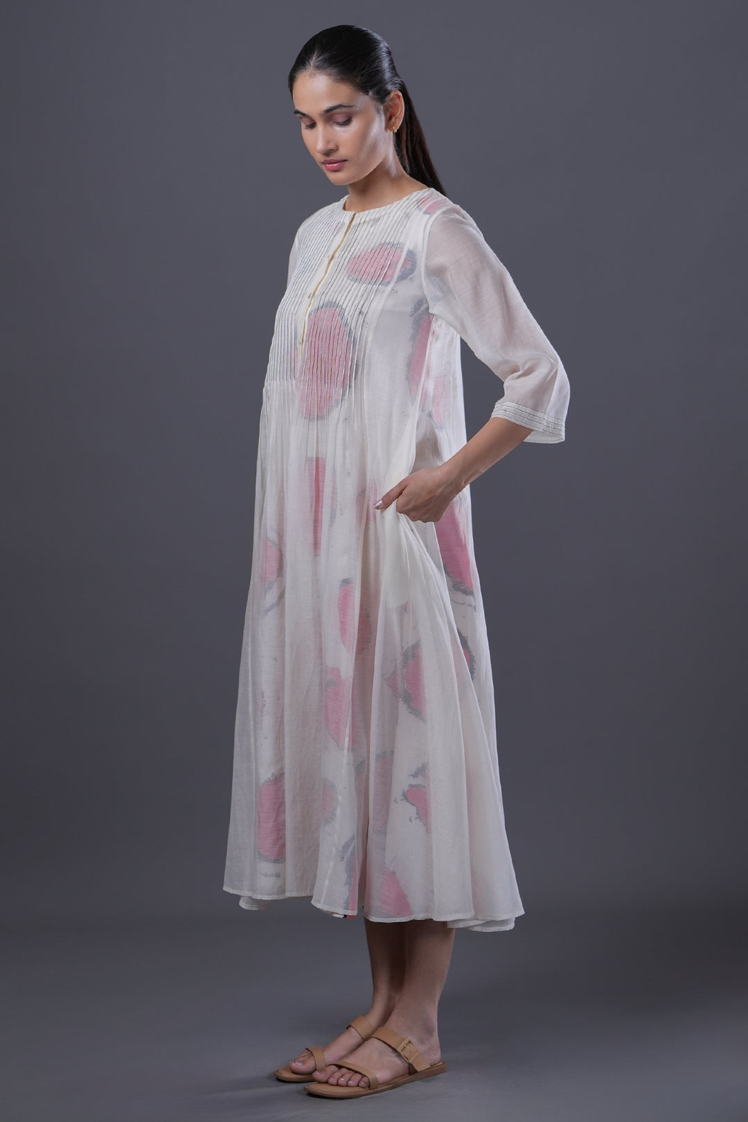 White Pintucked Chanderi Dress with Red Circular Printed Slip