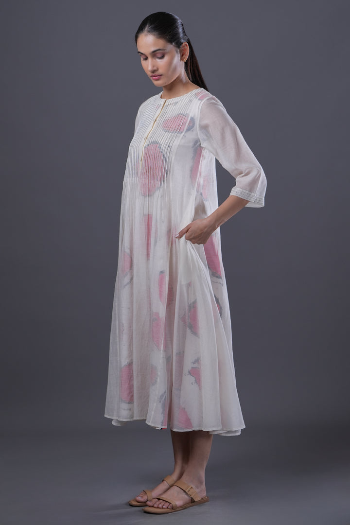 White Pintucked Chanderi Dress with Red Circular Printed Slip