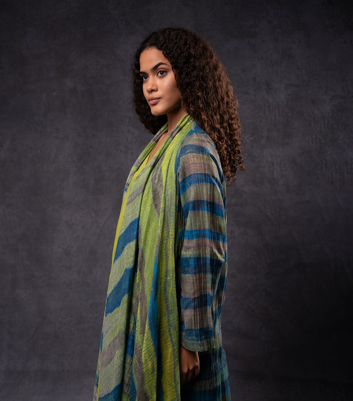 Teal and Green Printed Cotton Silk Cape Set