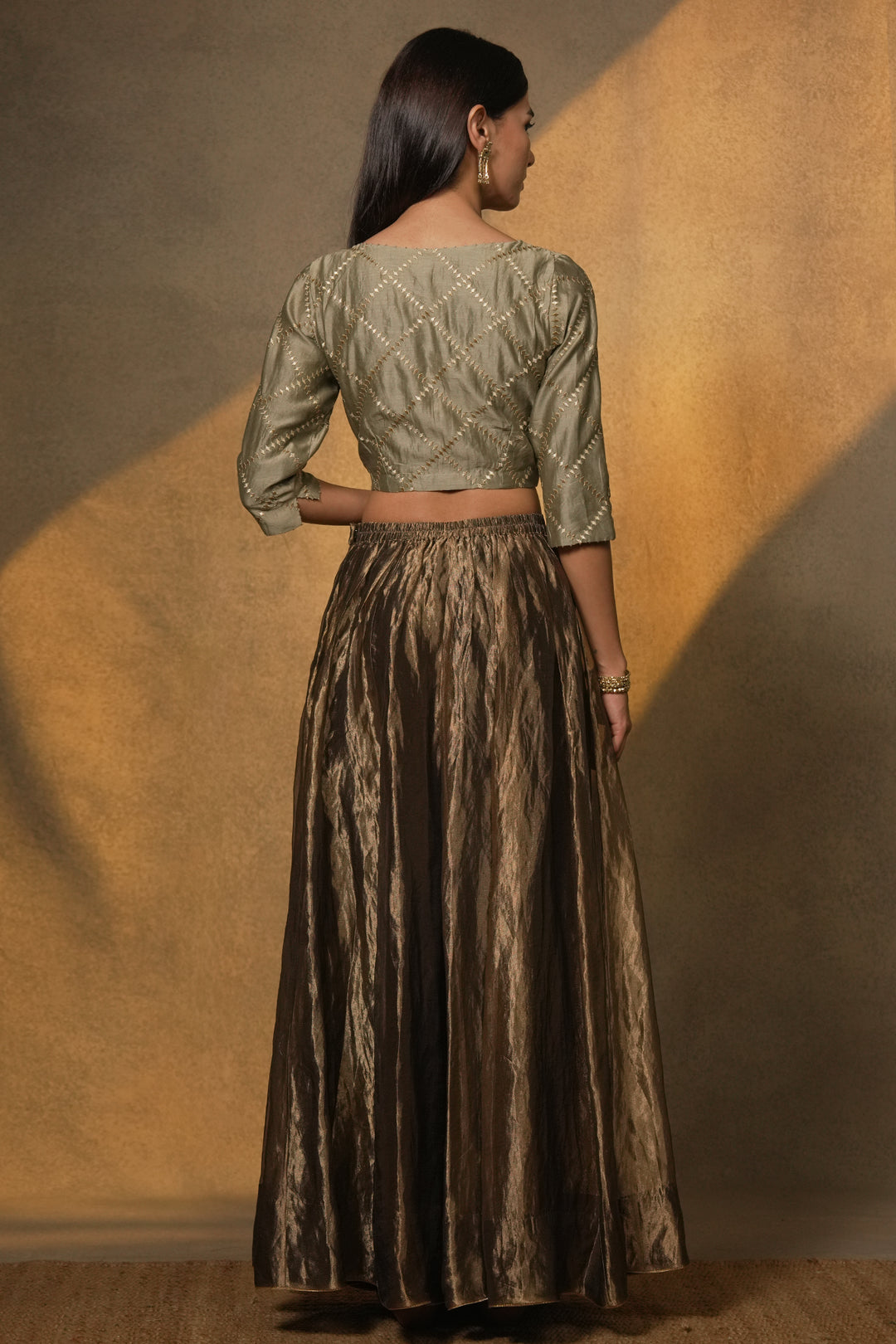 Veg Embroidered Chanderi Blouse with Tisssue Lehenga and Dupatta