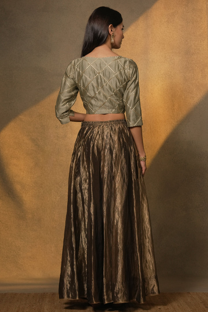 Veg Embroidered Chanderi Blouse with Tisssue Lehenga and Dupatta