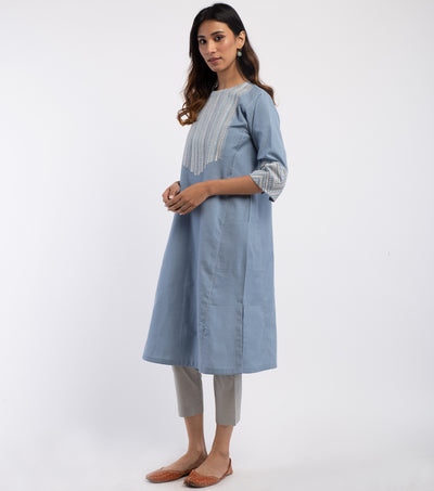 Blue Cotton Linen embroidered Kurta