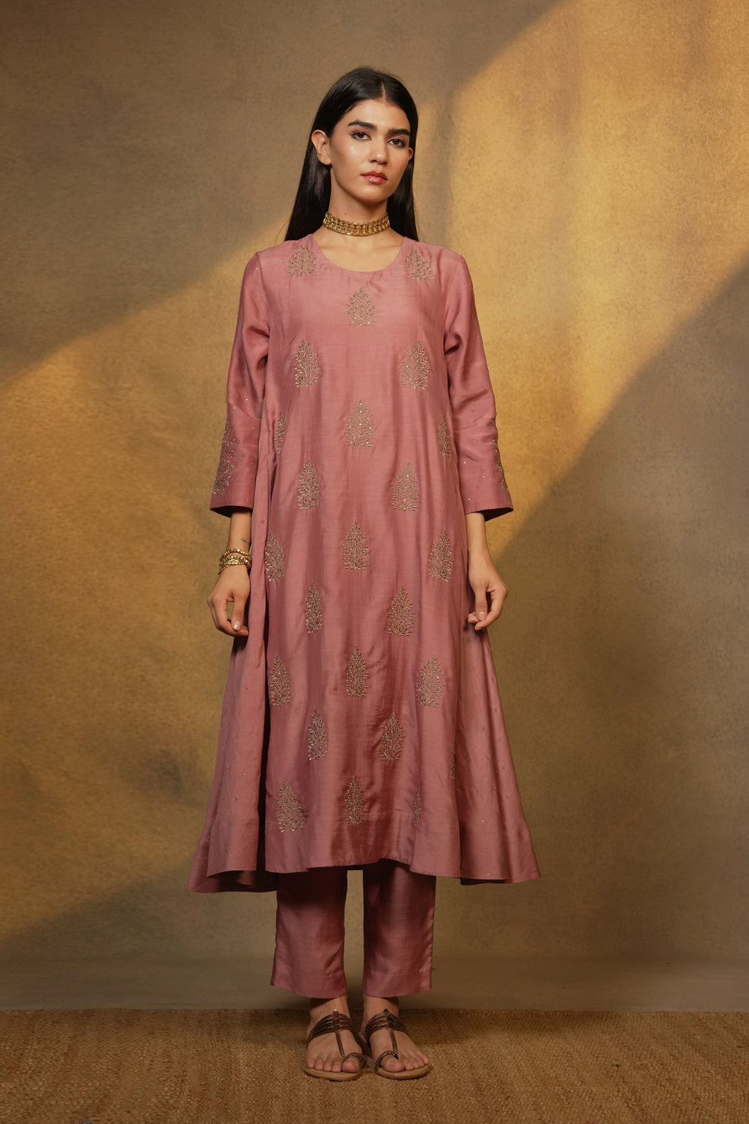 Onion Pink Hand Embroidered Cotton Silk Kurta with Pants and Dupatta
