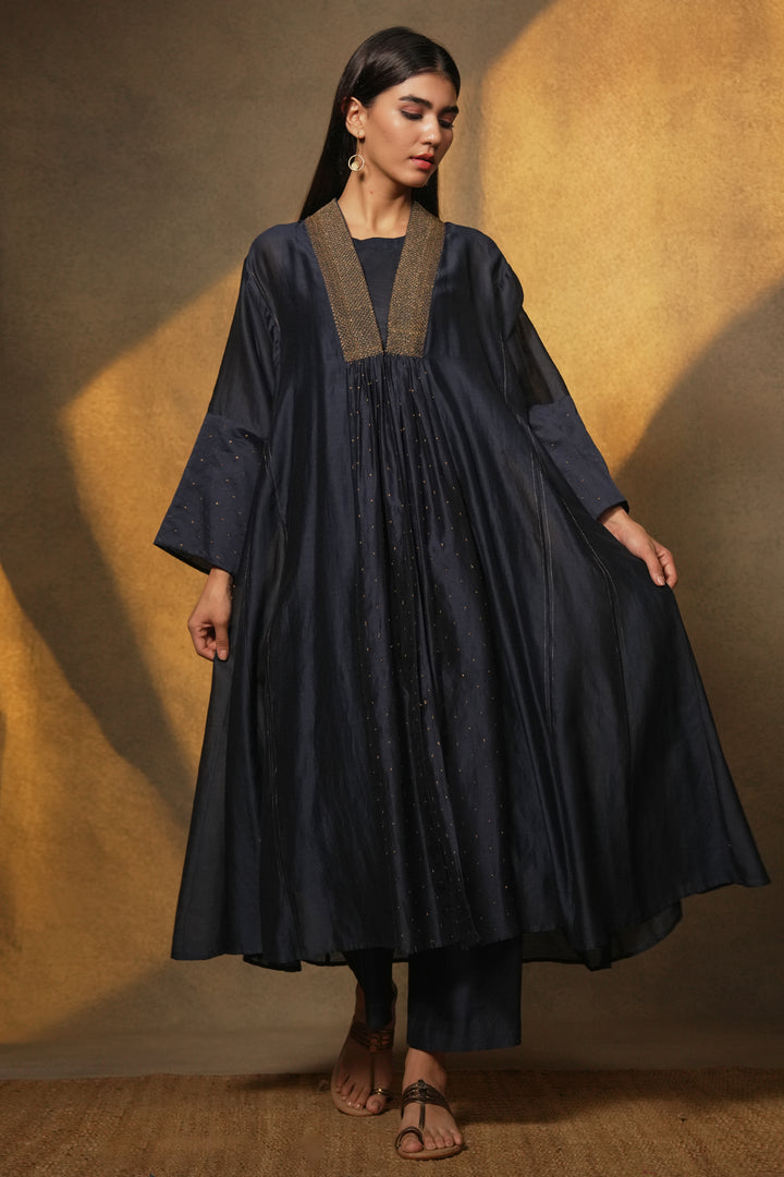Navy Embroidered Chanderi Cape with Slip and Pants