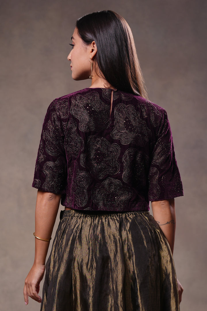 Plum Hand Embroidered Velvet Blouse