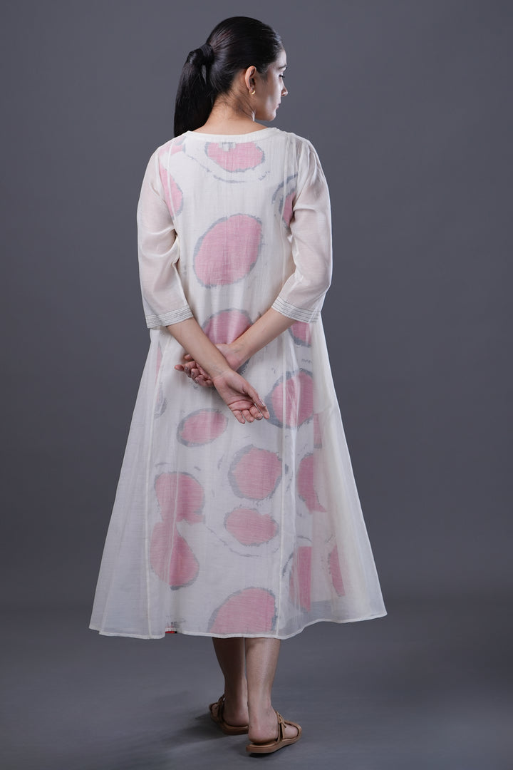 White Pintucked Chanderi Dress with Red Circular Printed Slip