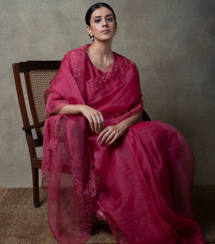 Rose Pink Hand Embroidered Organza Saree