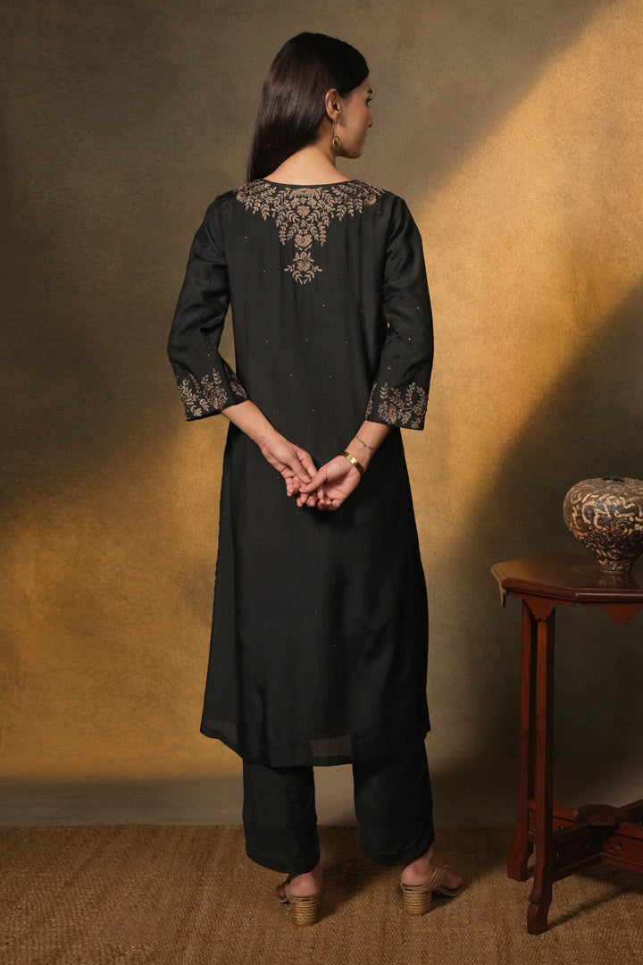 Black Hand Embroidered Cotton Silk Kurta with Pants and Organza Dupatta