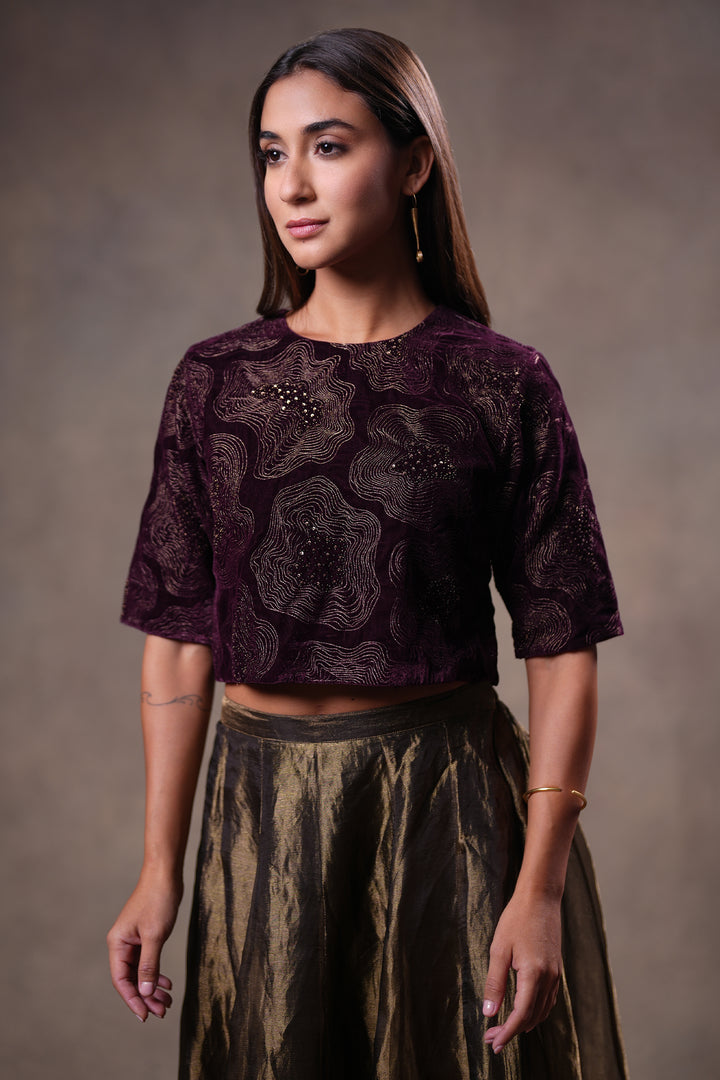 Plum Hand Embroidered Velvet Blouse