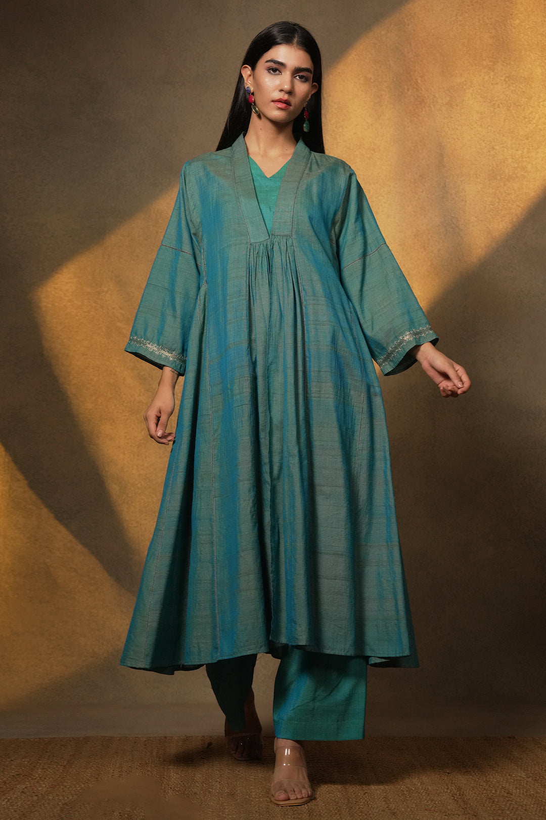 Turquoise Embroidered Silk Cape with Slip and Pants