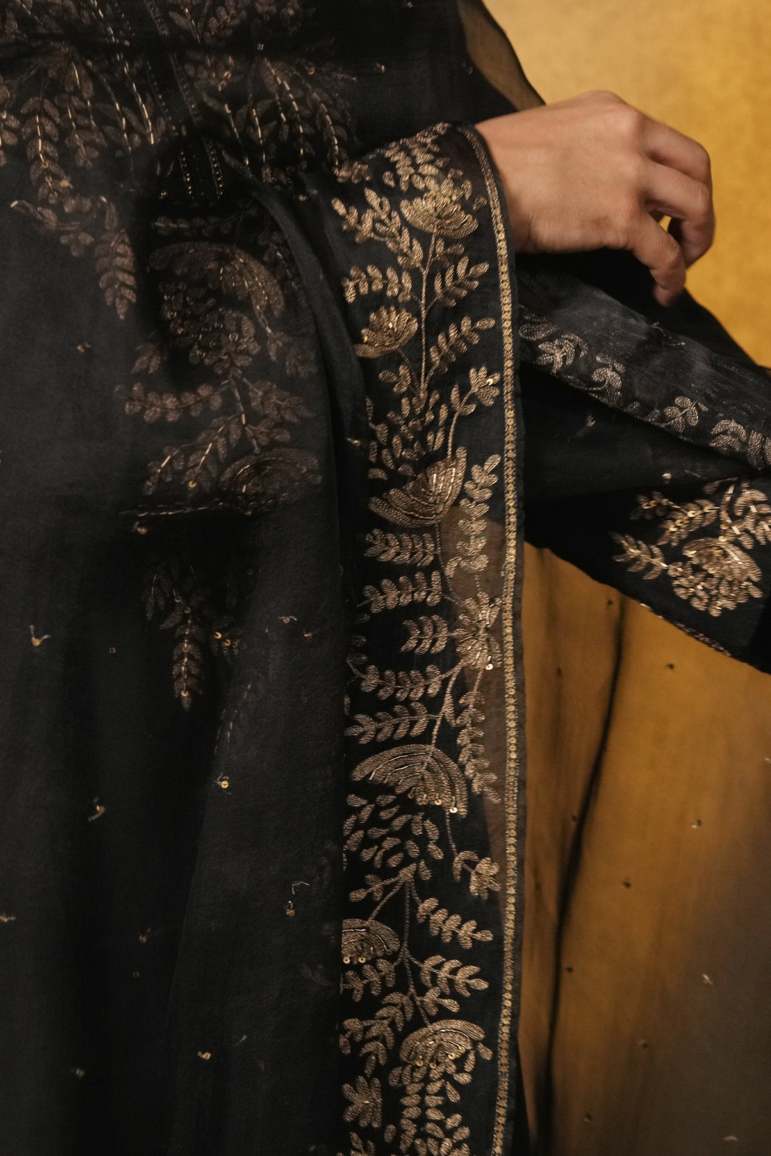 Black Hand Embroidered Cotton Silk Kurta with Pants and Organza Dupatta