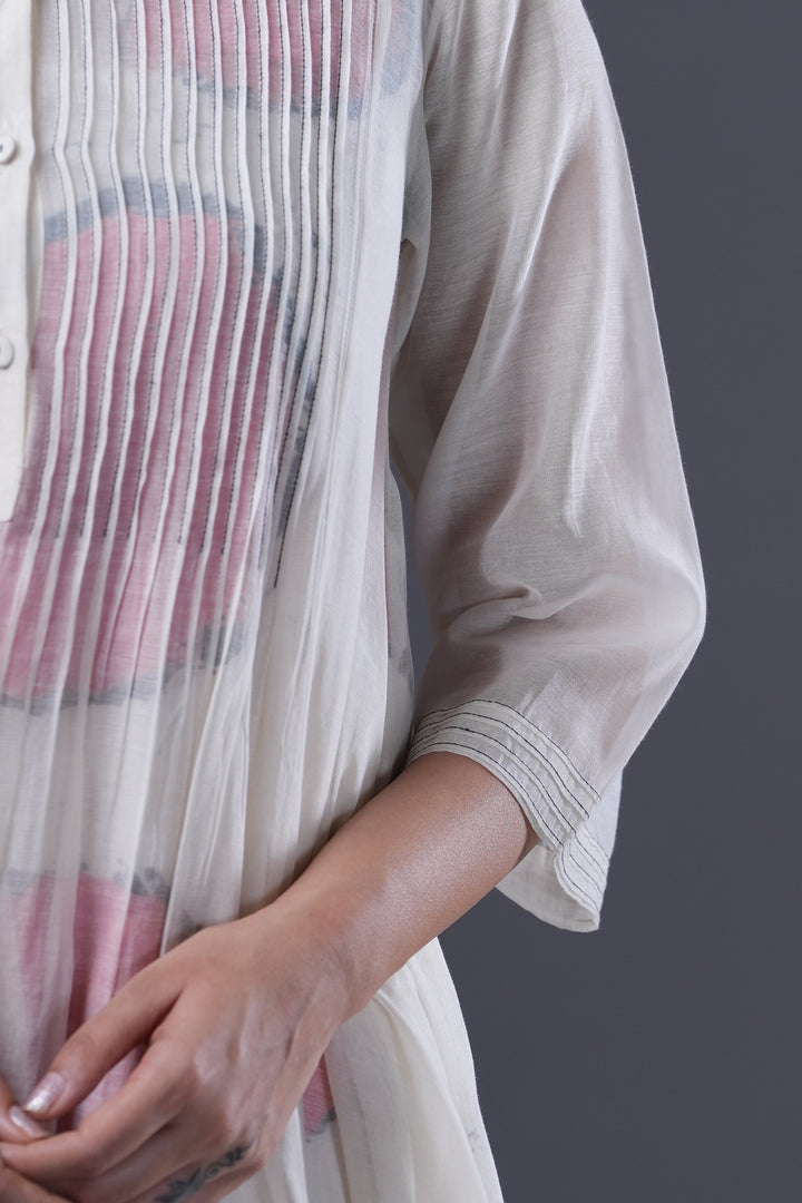 White Pintucked Chanderi Dress with Red Circular Printed Slip