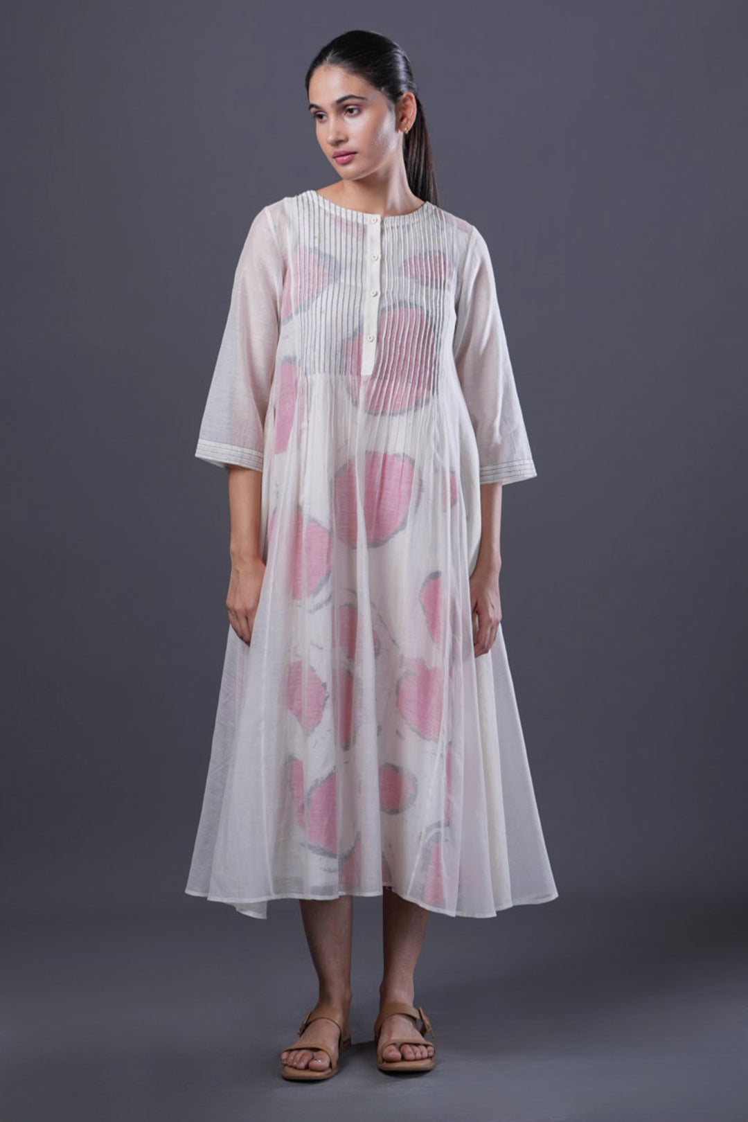 White Pintucked Chanderi Dress with Red Circular Printed Slip