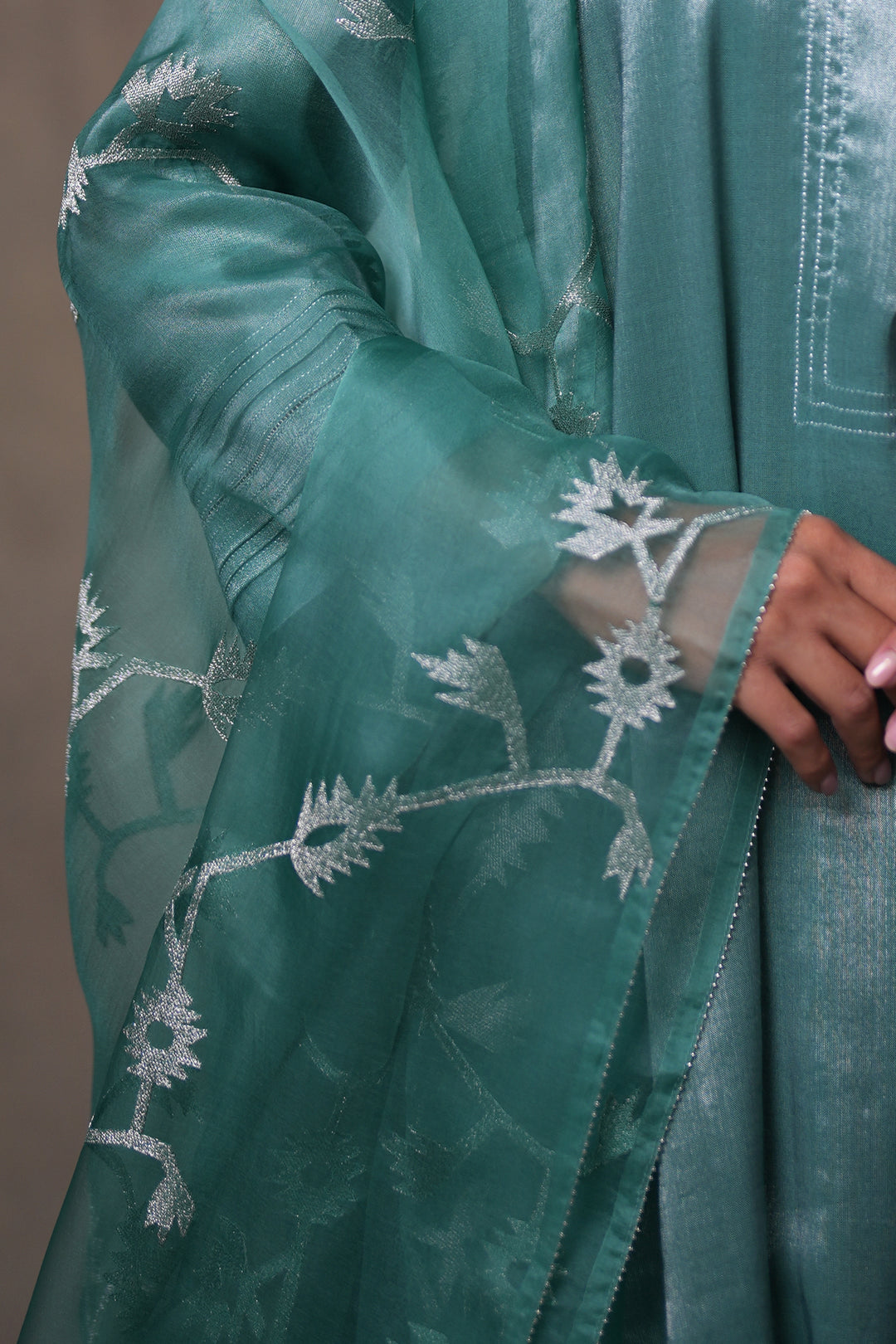 Teal Green Hand Embroidered Organza Dupatta