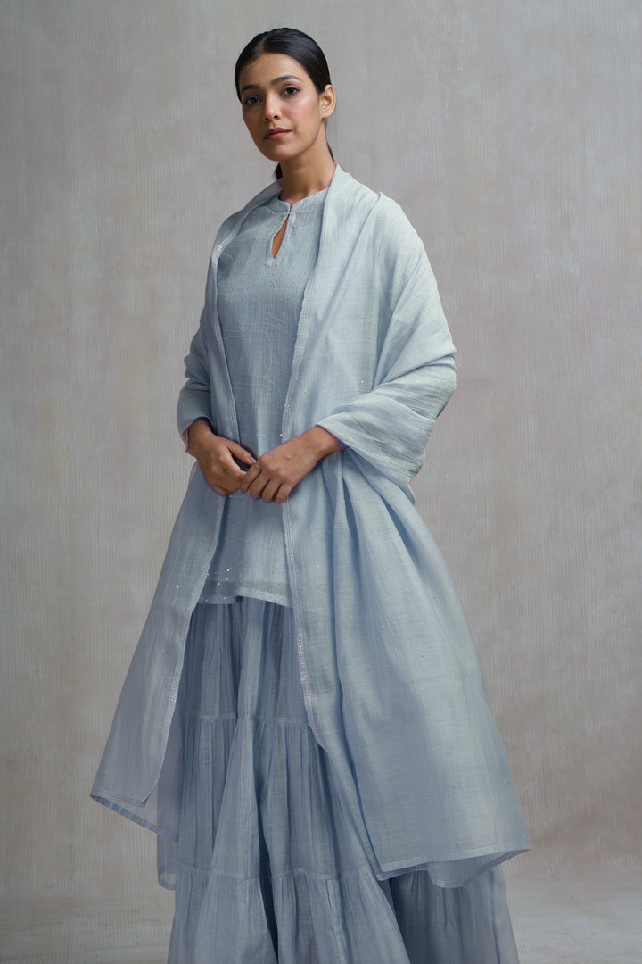 Powder Blue Hand Embroidered Skirt Set with Kurti & Dupatta