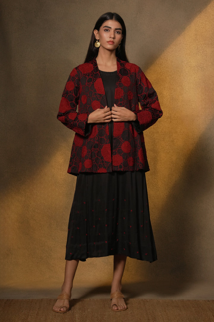 Black Cotton Dress with Patch Embroidered Cotton Silk Jacket