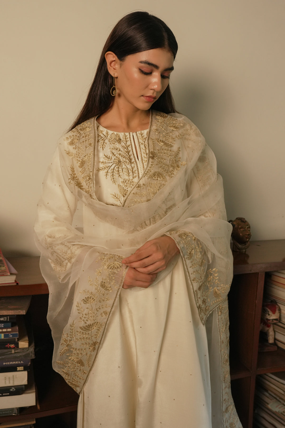 Natural Hand Embroidered Cotton Silk Kurta with Pants and Organza Dupatta