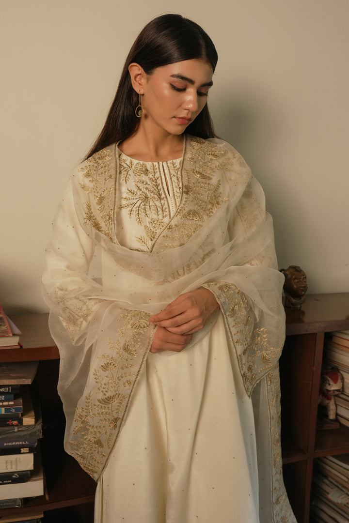 Natural Hand Embroidered Cotton Silk Kurta with Pants and Organza Dupatta