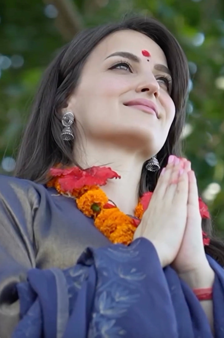 Navy Blue Tissue Flared Kurta & Palazzo Pants Set