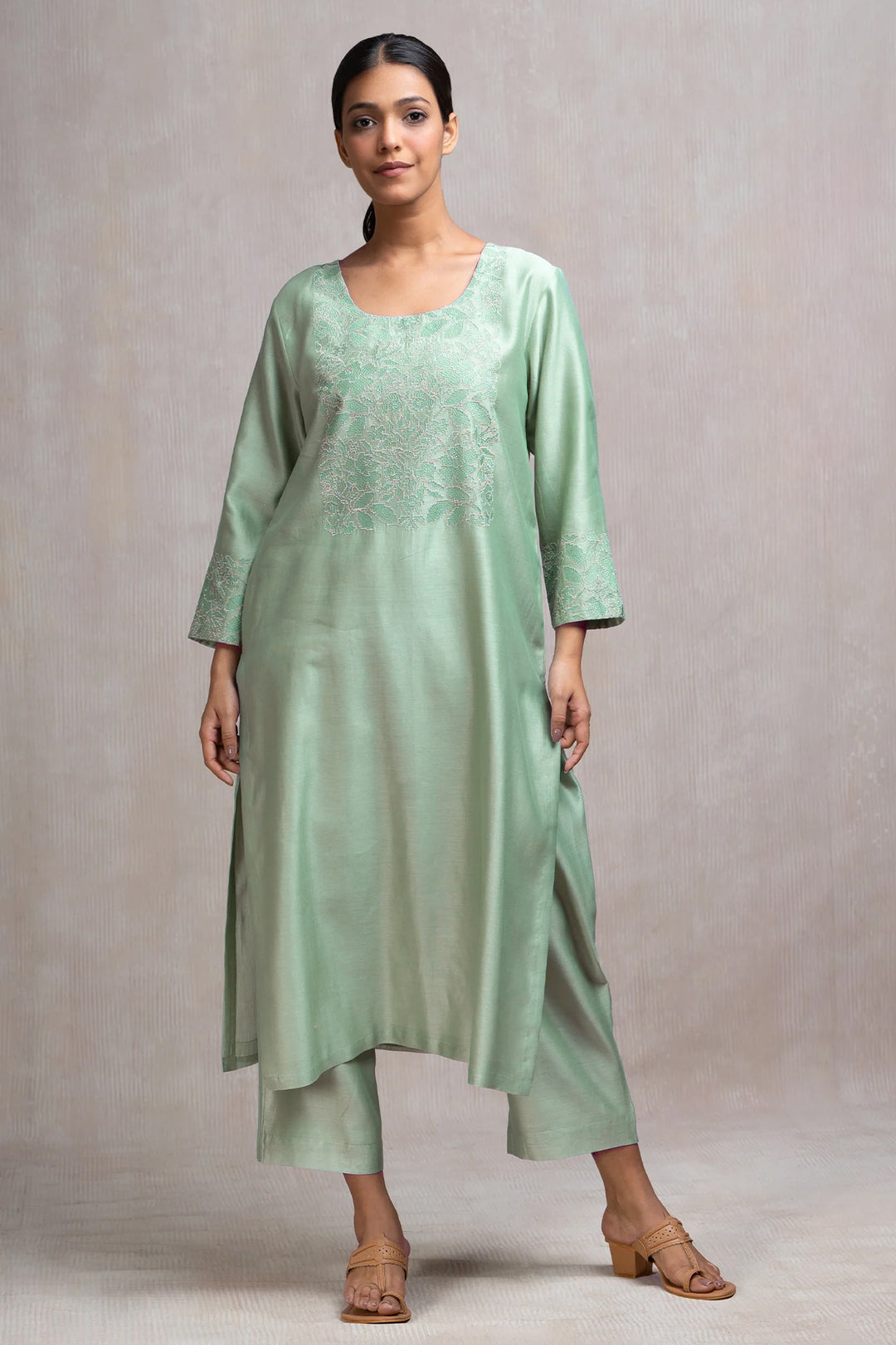 Mint Thread & Zari Embroidered Kurta Set with Pants & Dupatta