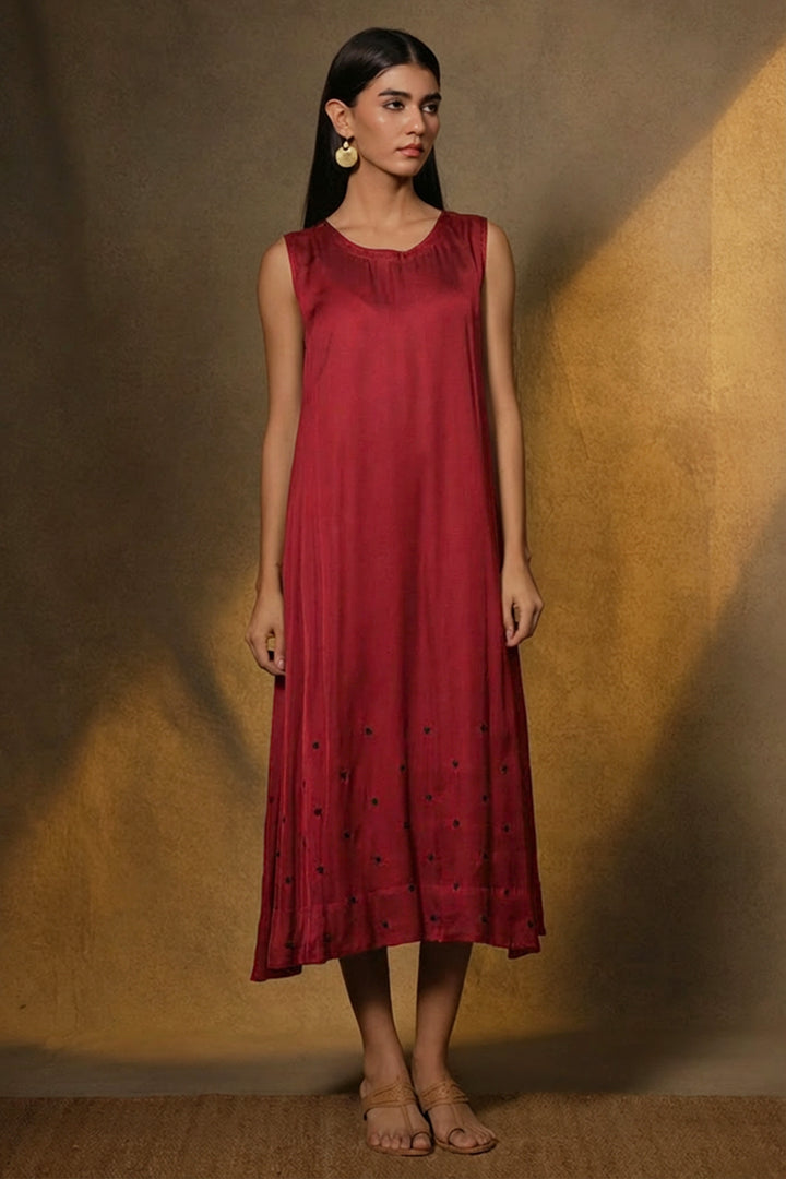 Maroon Embellished Satin Sleeveless Midi Dress