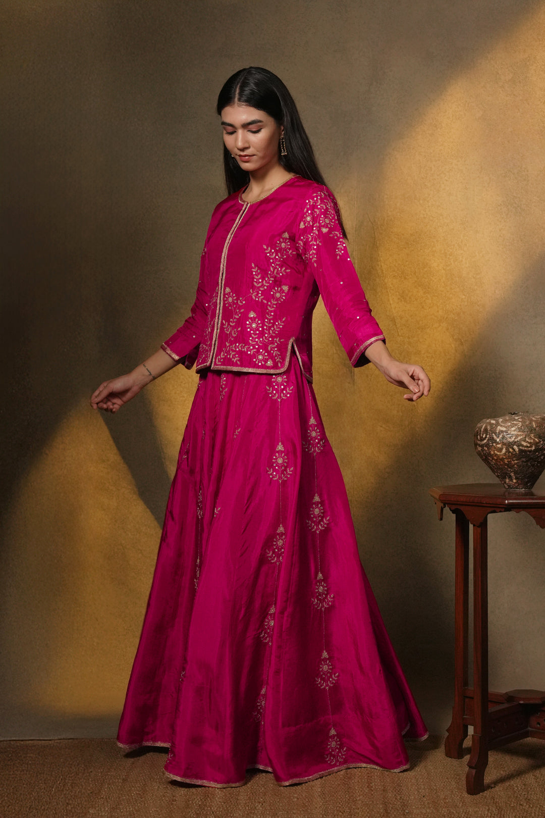 Pink Hand Embroidered Silk Lehenga with Kurti & Dupatta - Set of 3