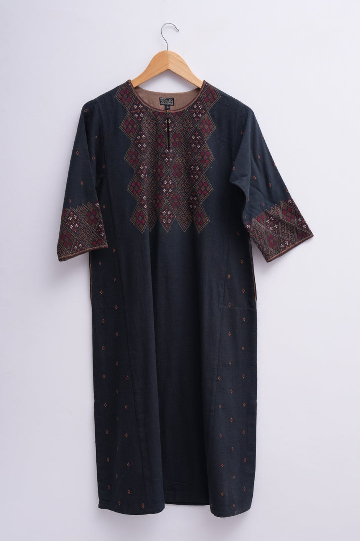 Navy Cotton Linen Embroidered Kurta
