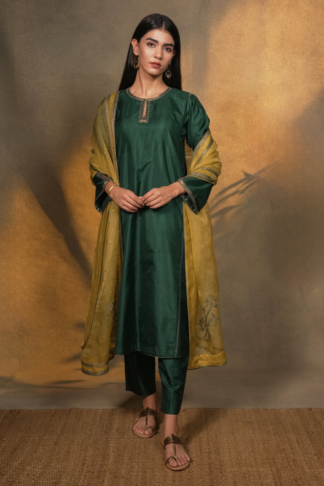 Emerald Green Embroidered Silk Kurta with Pants and Organza Dupatta