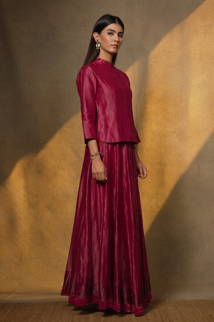 Magenta Pink Hand Embroidered Striped Tissue Skirt