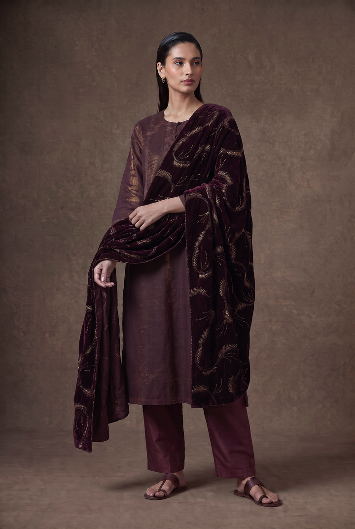 Plum Tissue Kurta Set with Velvet Dupatta
