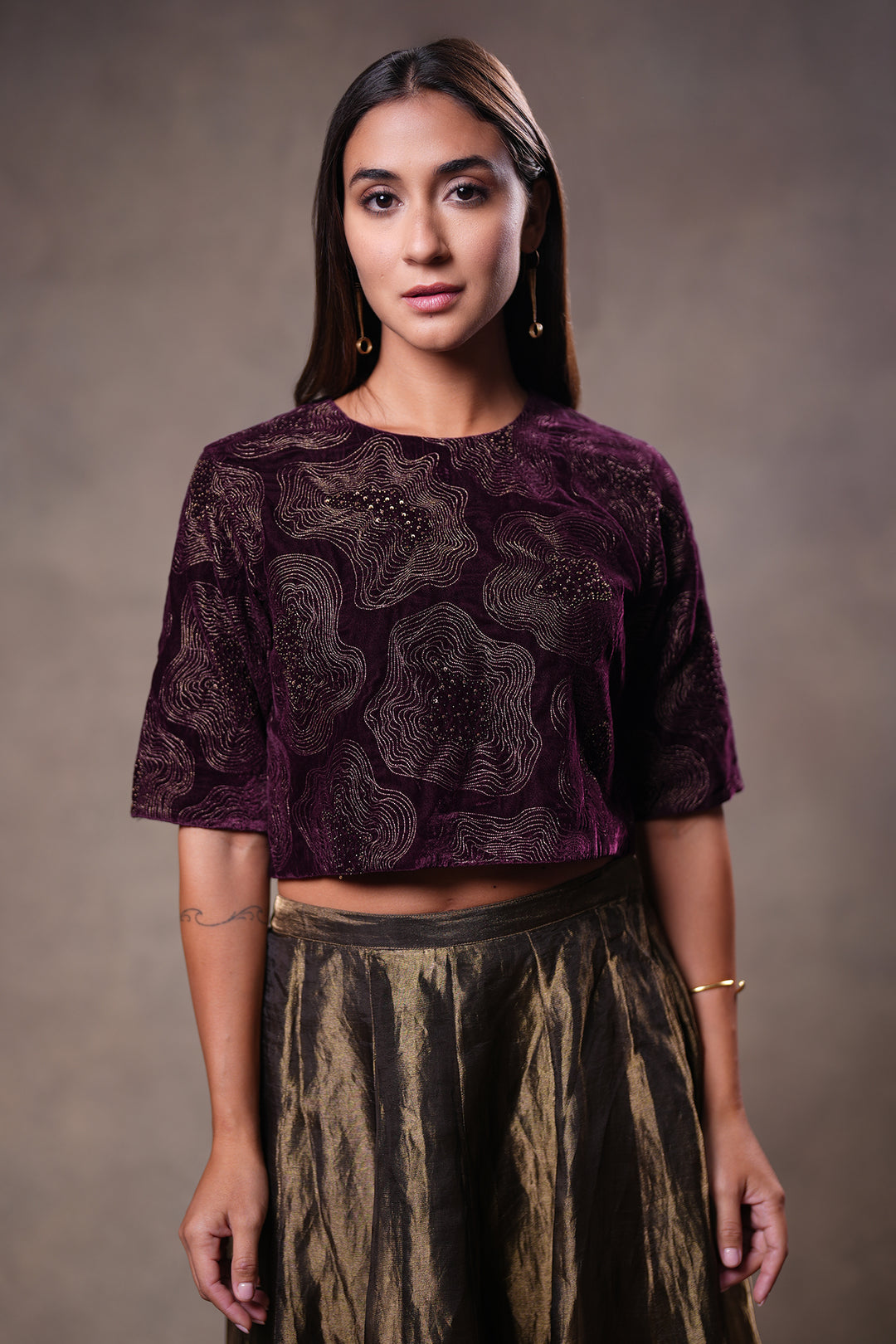 Plum Hand Embroidered Velvet Blouse