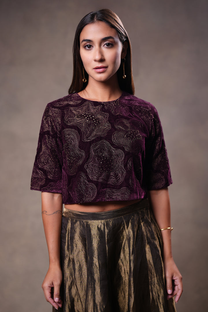 Plum Hand Embroidered Velvet Blouse