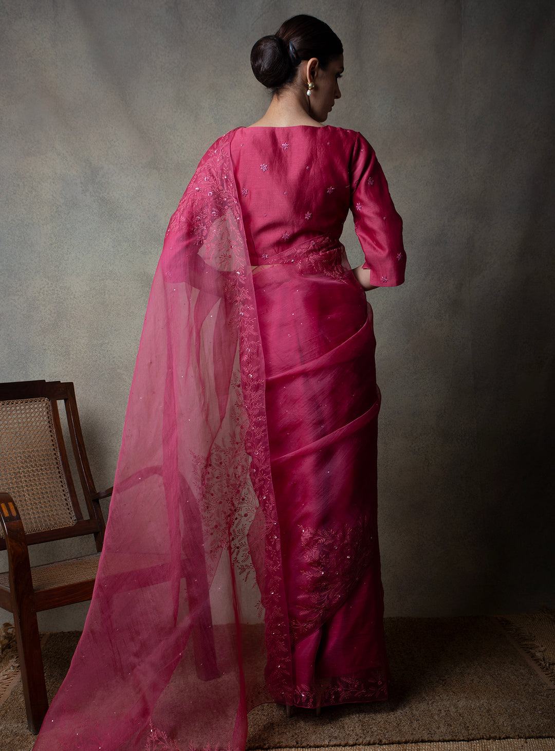 Rose Pink Hand Embroidered Organza Saree