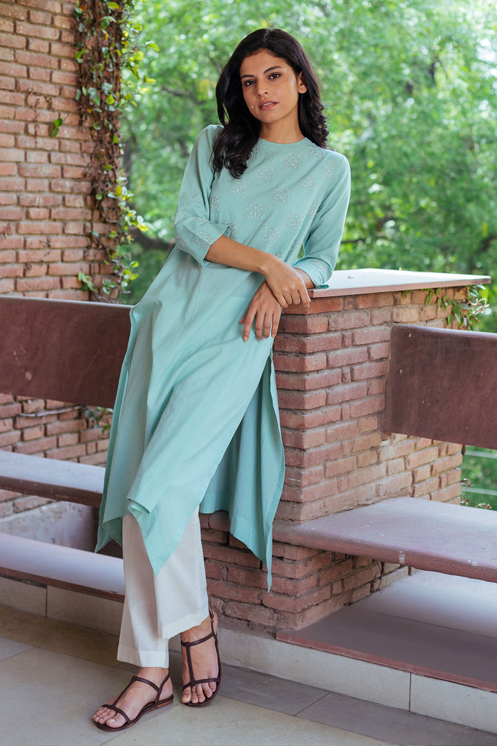 Turquoise Cotton Asymmetrical Kurta