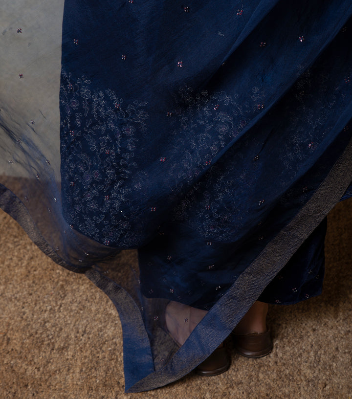 Navy Blue Hand Embroidered Organza Dupatta