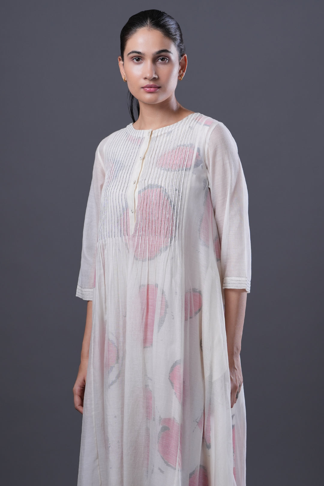White Pintucked Chanderi Dress with Red Circular Printed Slip