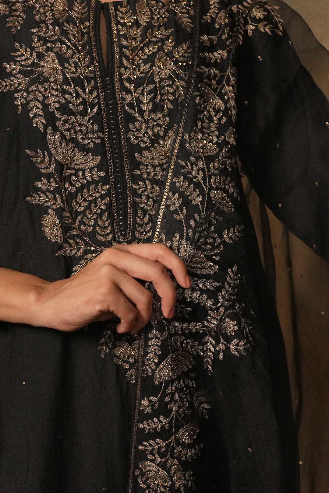 Black Hand Embroidered Cotton Silk Kurta with Pants and Organza Dupatta