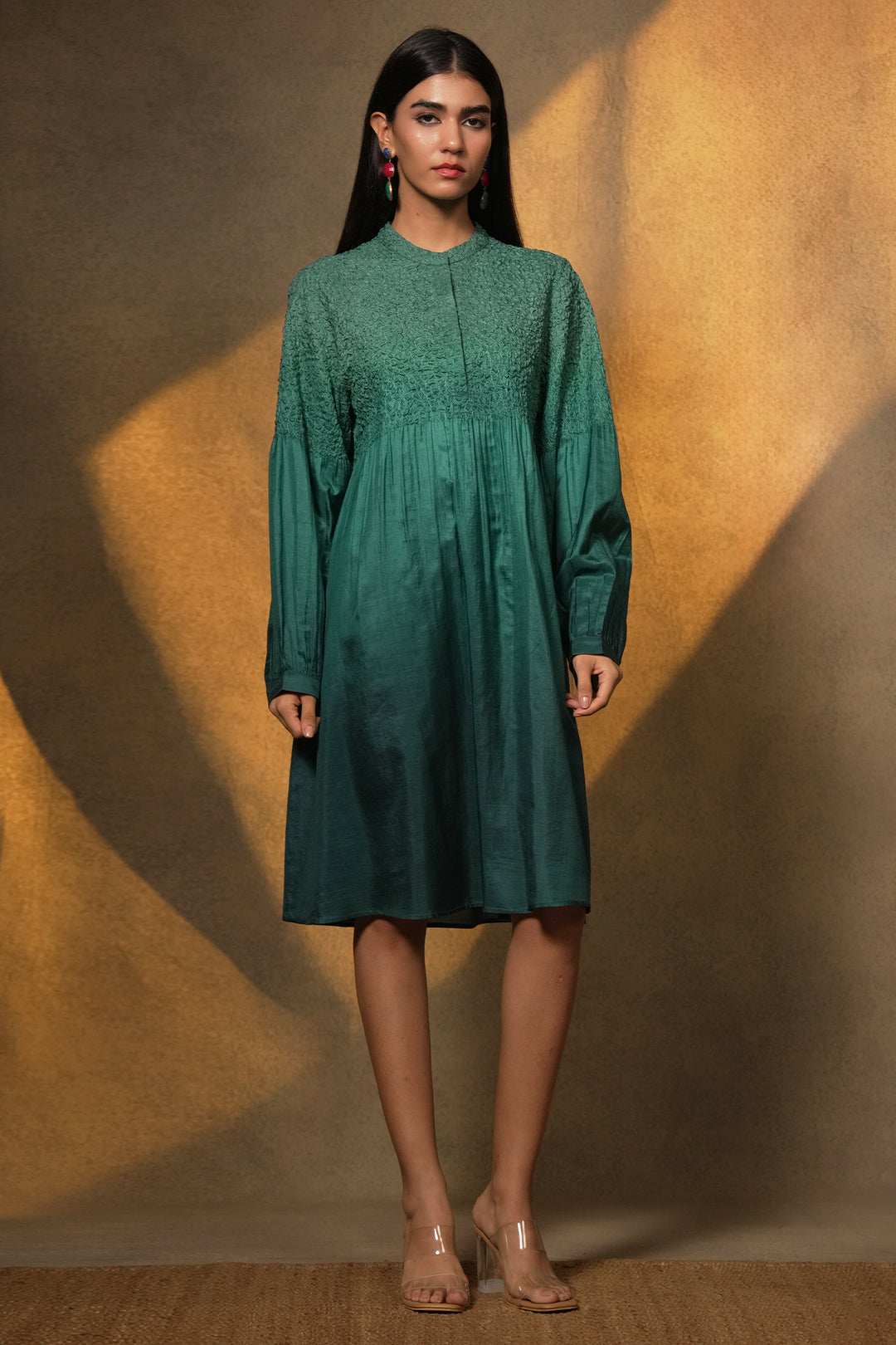 Turquoise Embroidered Silk Tunic with Slip