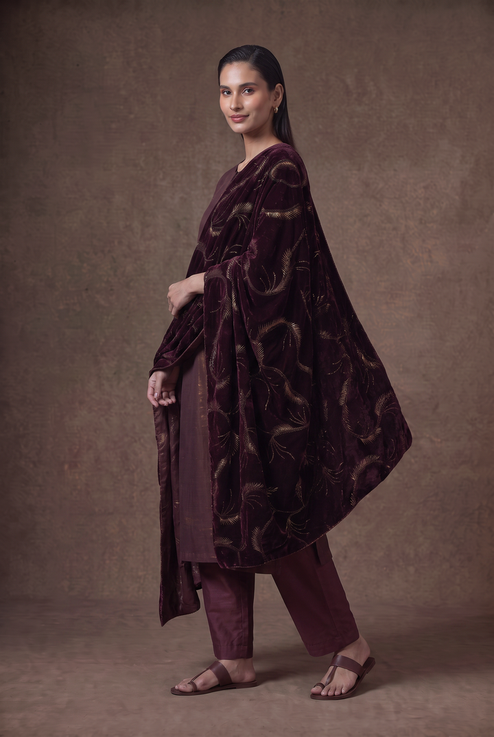 Plum Tissue Kurta Set with Velvet Dupatta