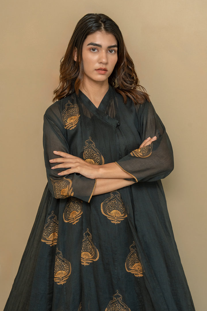 Black Embroidery Fine Cotton Choga