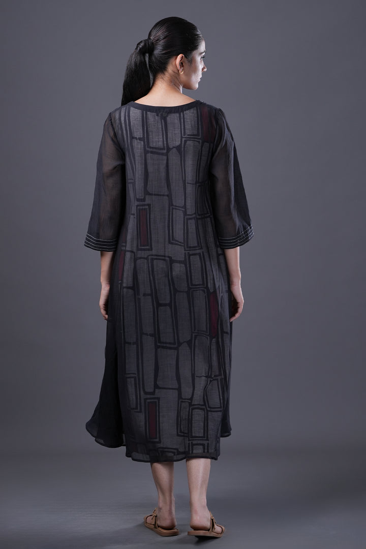 Black Pintucked Chanderi Dress with Geometric Printed Slip