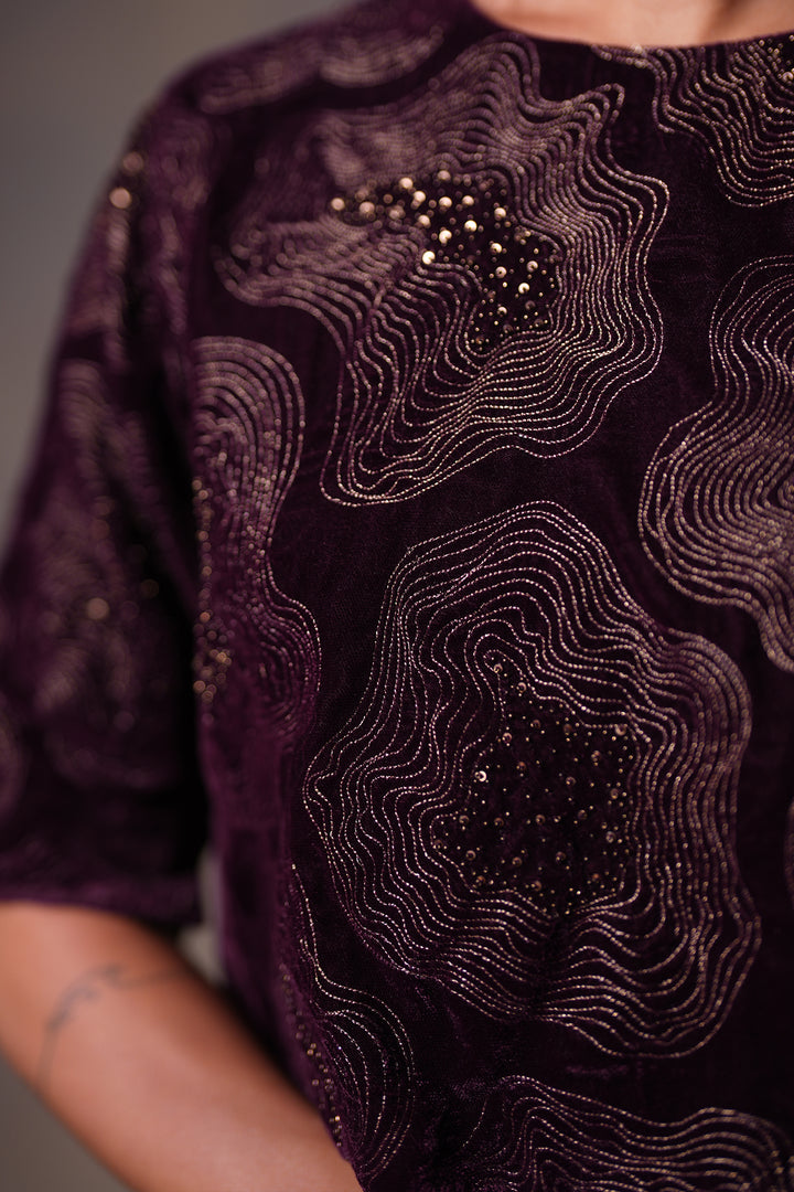 Plum Hand Embroidered Velvet Blouse