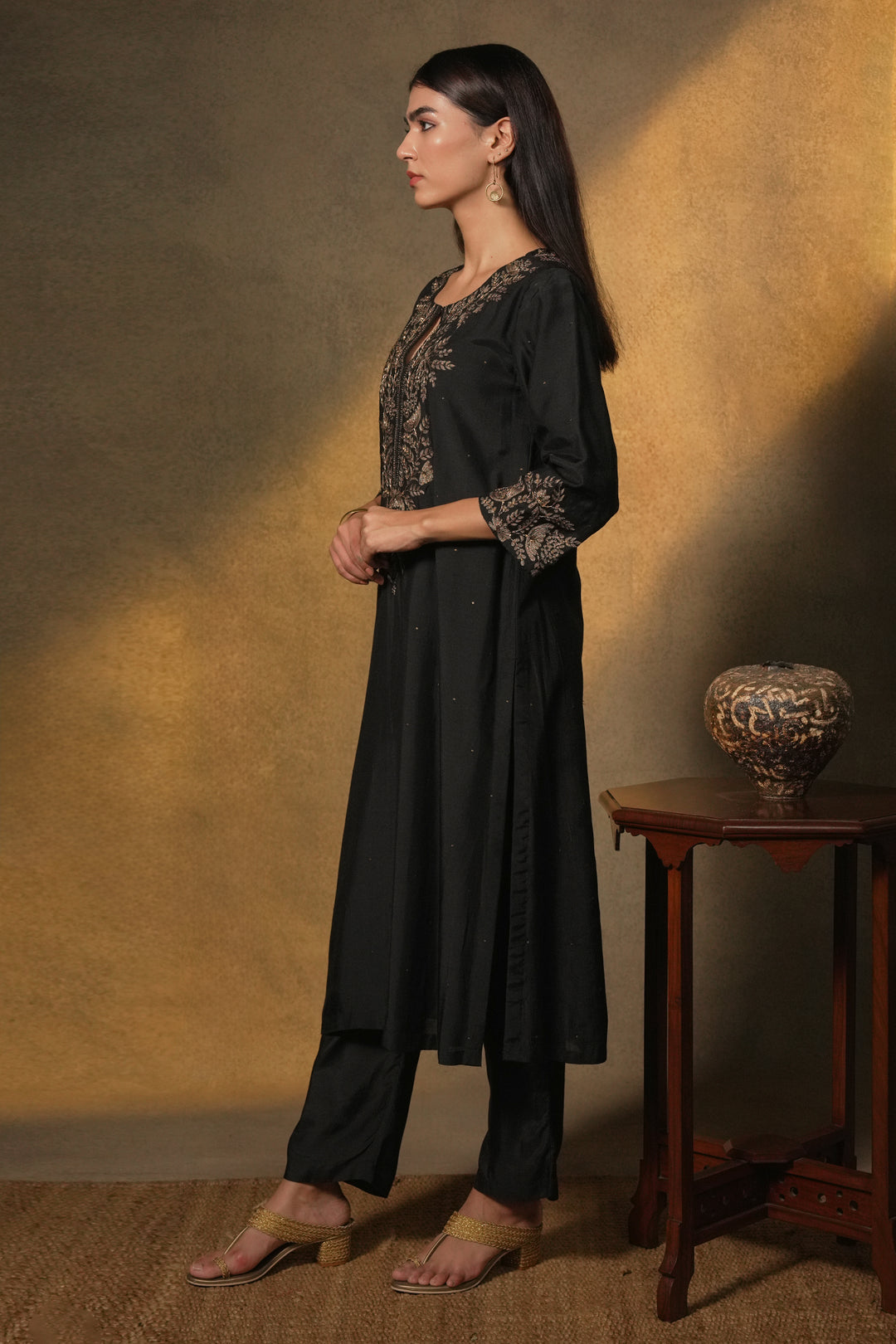 Black Hand Embroidered Cotton Silk Kurta with Pants and Organza Dupatta