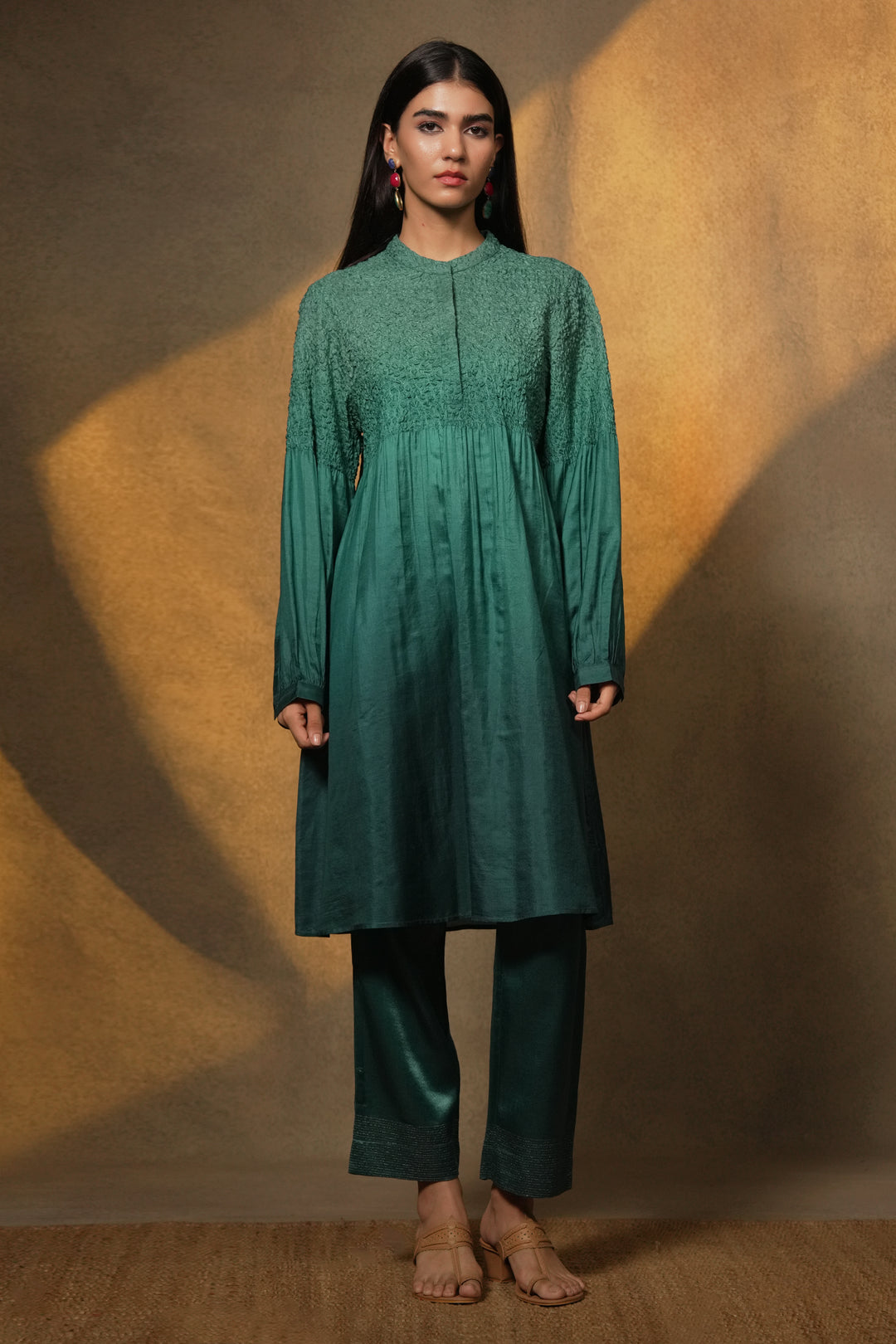 Turquoise Embroidered Silk Tunic with Slip