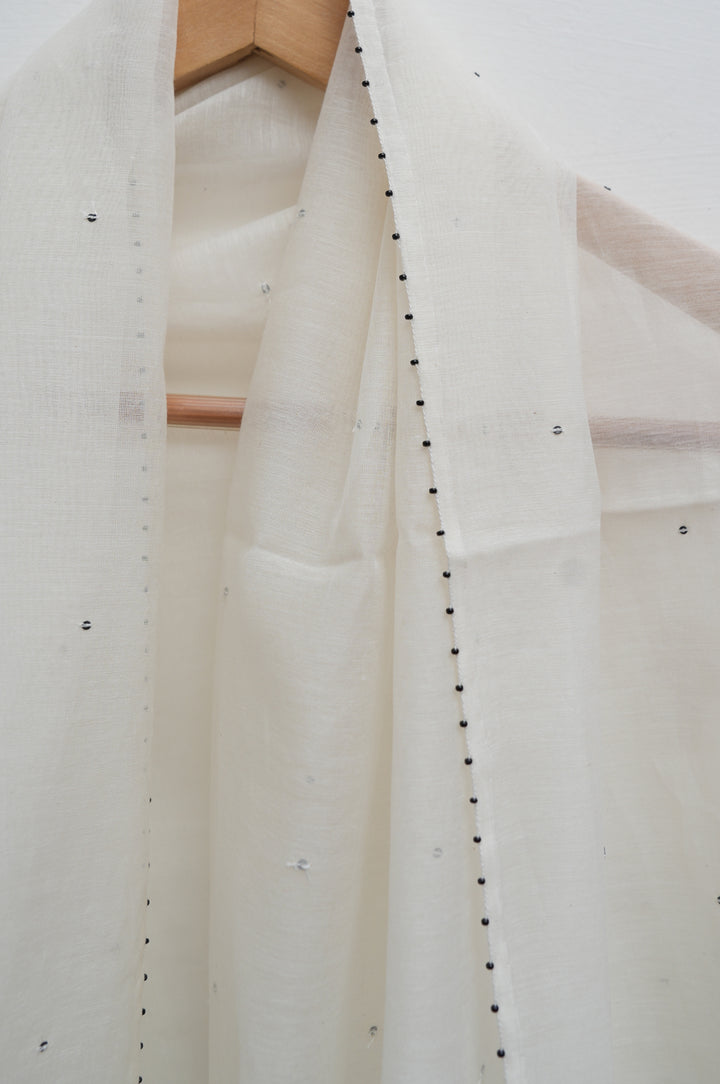 Off White & Black Embroidered Cotton Silk Kurta Set