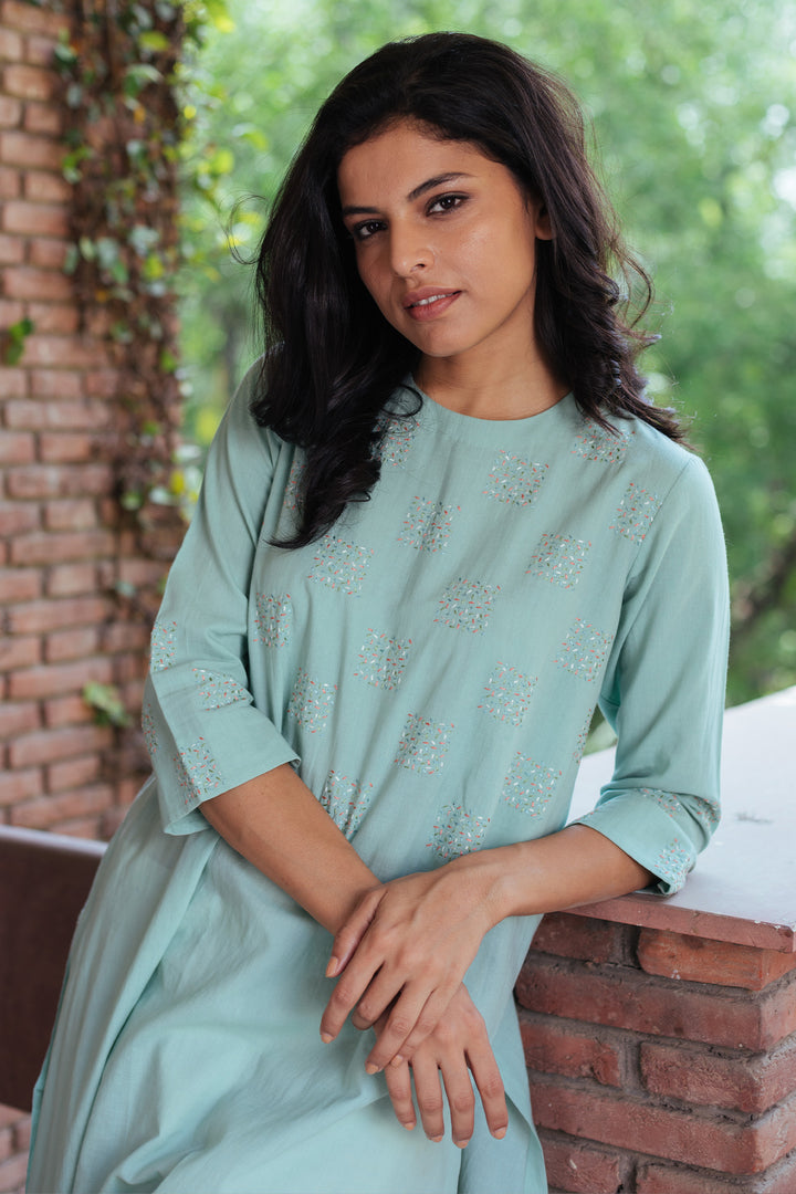 Turquoise Cotton Asymmetrical Kurta